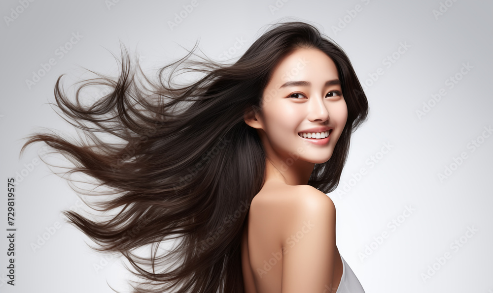 Portrait of a beautiful woman with a bright smile, hair is a beautiful black color, shampoo advertising concept Hair conditioner and cosmetic products,Generative AI Portrait of a beautiful woman with a bright smile, hair is a beautiful black color, shampoo advertising concept Hair conditioner and cosmetic products,Generative AI
