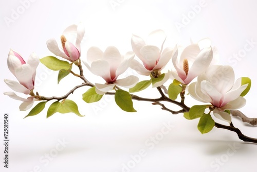 Blooming white and pink close-up flowers of magnolia on a branch with young leaves, growing in spring park or botanical garden, with blurred white background © May