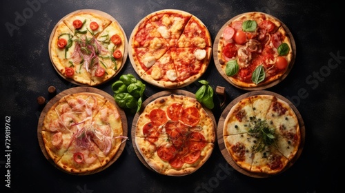 Top view of a variety of delicious fresh pizzas with pepperoni, chicken and mushroom cheese, bacon on a black stone background. Italian food, Cafe and restaurant, pizzeria concepts.