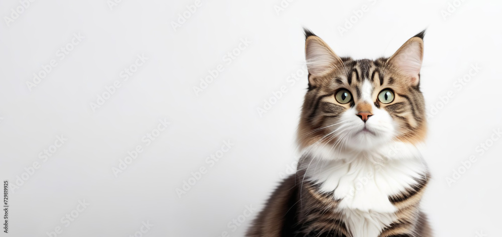 Pretty fluffy cat sitting up facing front. Looking at camera with green eyes. Isolated on a white background. Portrait of gray tabby cat. Beautiful cute grey brown striped cat close up. Banner design