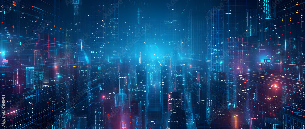 Illustration of a modern futuristic smart city concept with abstract bright lights against a blue background. Showcases cityscape urban architecture, emphasizing a futuristic technology city concept. - obrazy, fototapety, plakaty 