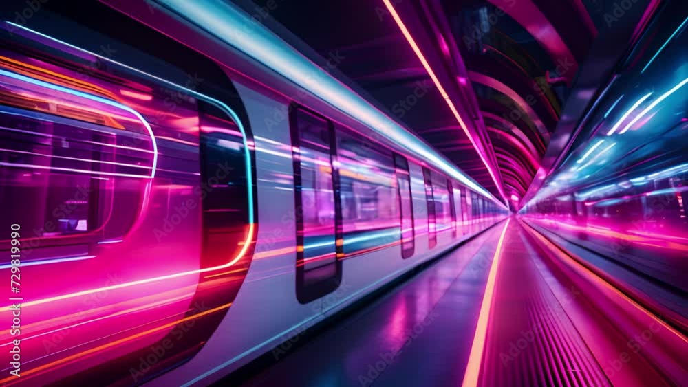 Fast underground subway train racing through the tunnels. Neon pink and blue light