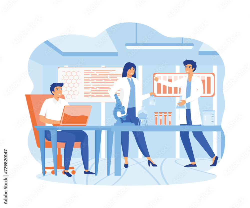 Scientists in lab. People in white coat, chemical researchers with laboratory equipment. flat vector modern illustration 