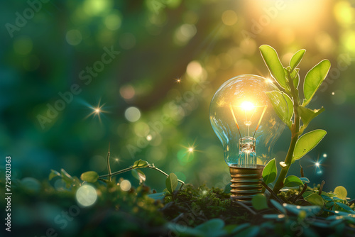 Sustainable development concept with lightbulb in green forest. Eco friendly enviroment