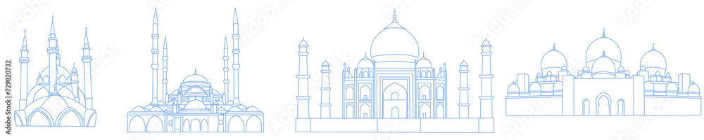 Blue line art of mosque. Muslim symbol for Ramadan mosque line art. Muslim graphic design mosque for ramadan, eid al fitr, eid mubarak
