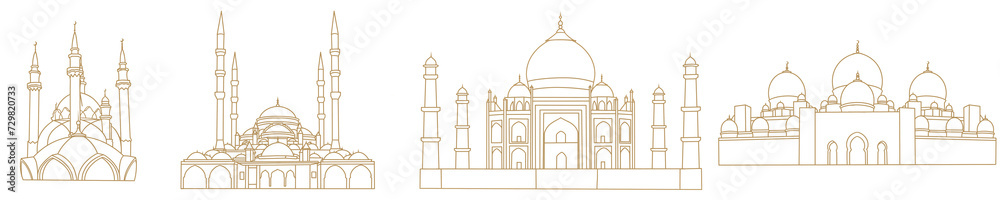 Gold line art of mosque. Muslim symbol for Ramadan mosque line art. Muslim graphic design mosque for ramadan, eid al fitr, eid mubarak