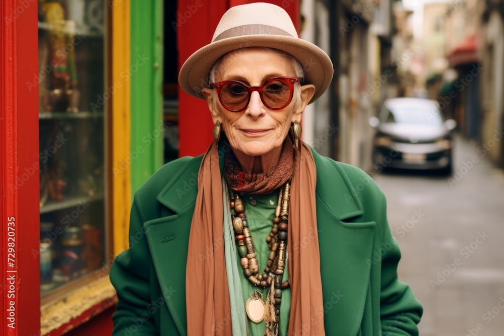 Portrait of an elderly woman in a hat and sunglasses on the street.