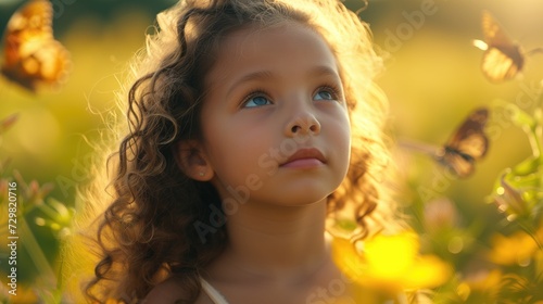 Headshot of sunny calm seriuos tanned curly little preschool girl in summer floral field with butterflies enjoyng nature on holiday vacations looking up