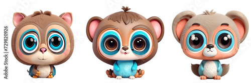 Cute funny monkeys with big eyes lovely little animals isolated  in transparent background