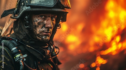 Brave Firefighter In Intense Flames, Wearing Protective Gear in Dramatic Scene