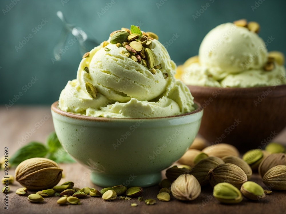 Pistachio ice cream gelato scoop, cinematic food dessert photography, studio lighting and background Pistachio ice cream gelato scoop, cinematic food dessert photography, studio lighting and background