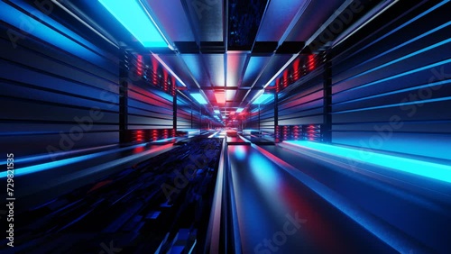 endless movement forward through a futuristic tunnel with red and blue lighting. animated looping background. 3D render photo