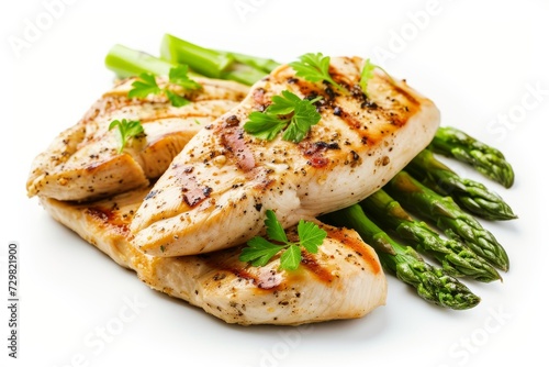 Grilled chicken breasts with asparagus on white background