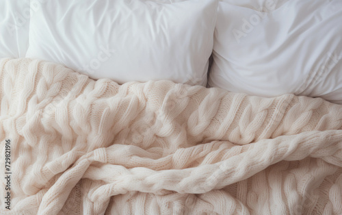 Cozy Knitted Blanket Set on White Bedspread Background