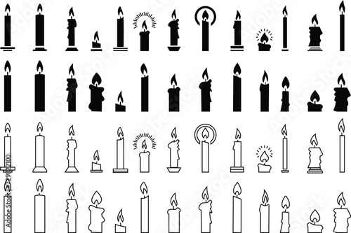 Set candle silhouettes for religion commemorative and party icon. Vector Black linear or flat symbol collection isolated on transparent background. Editable stroke some melted and others solid.