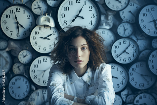 Woman with clocks on the wall. Time management concept. Generative Ai.