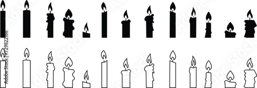 Set candle silhouettes for religion commemorative and party icon. Vector Black linear or flat symbol collection isolated on transparent background. Editable stroke some melted and others solid.