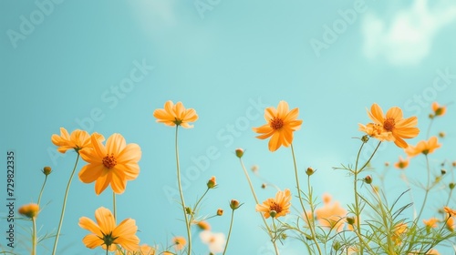  a field of yellow flowers with a blue sky in the backgrounnd of the image is a photograph of a field of yellow flowers with a blue sky in the background.
