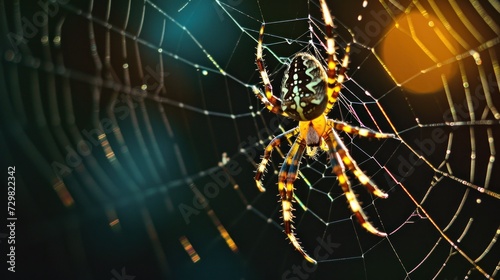  a close up of a spider's web with water droplets on it's back and yellow and black stripes on it's front and a black background.