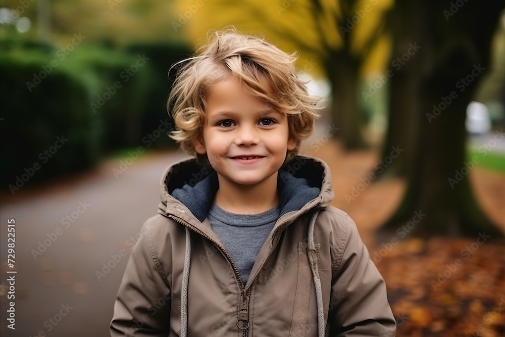 Portrait of cute little boy in autumn park, outdoor shot.