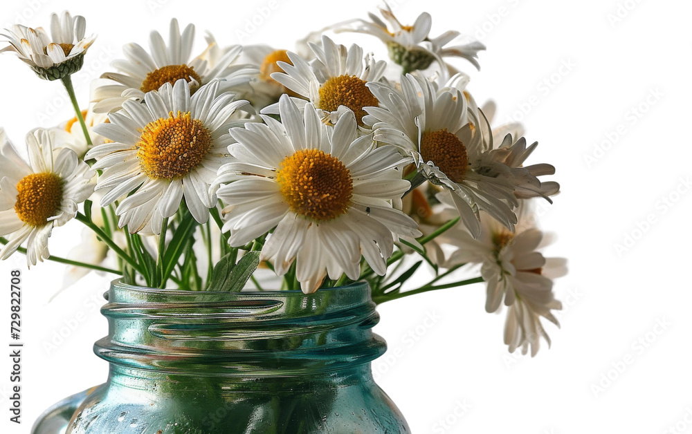 Daisy Flowers in Mason Jar Isolated Against White Background Daisy Flowers in Mason Jar Isolated Against White Background