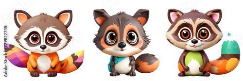 Cute funny raccoons with big eyes lovely little animals isolated  in transparent background