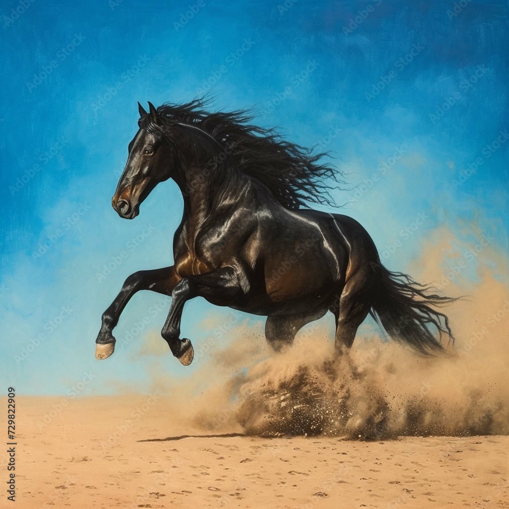 Black stallion run on desert dust against Black stallion run on desert dust against