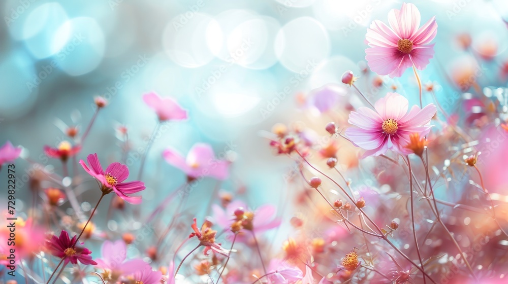  a bunch of pink flowers that are on a blue and pink background with a boke of light coming from the top of the flowers in the center of the picture.