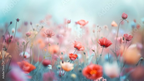  a field filled with lots of pink and orange flowers on top of a blue sky filled with lots of pink and orange flowers on top of a blue sky filled with lots of pink and orange flowers.