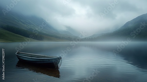 a small boat floating on top of a lake next to a lush green hillside covered in fog and low lying clouds on a foggy, overcast, overcast day.