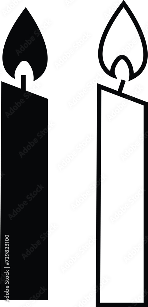 Set candle silhouettes for religion commemorative and party icon. Vector Black linear or flat symbol collection isolated on transparent background. Editable stroke some melted and others solid.