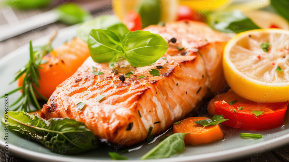 delicious baked salmon on a plate, sprinkled with herbs and spices
delicious baked salmon on a plate, sprinkled with herbs and spices