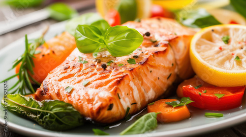 delicious baked salmon on a plate, sprinkled with herbs and spices 