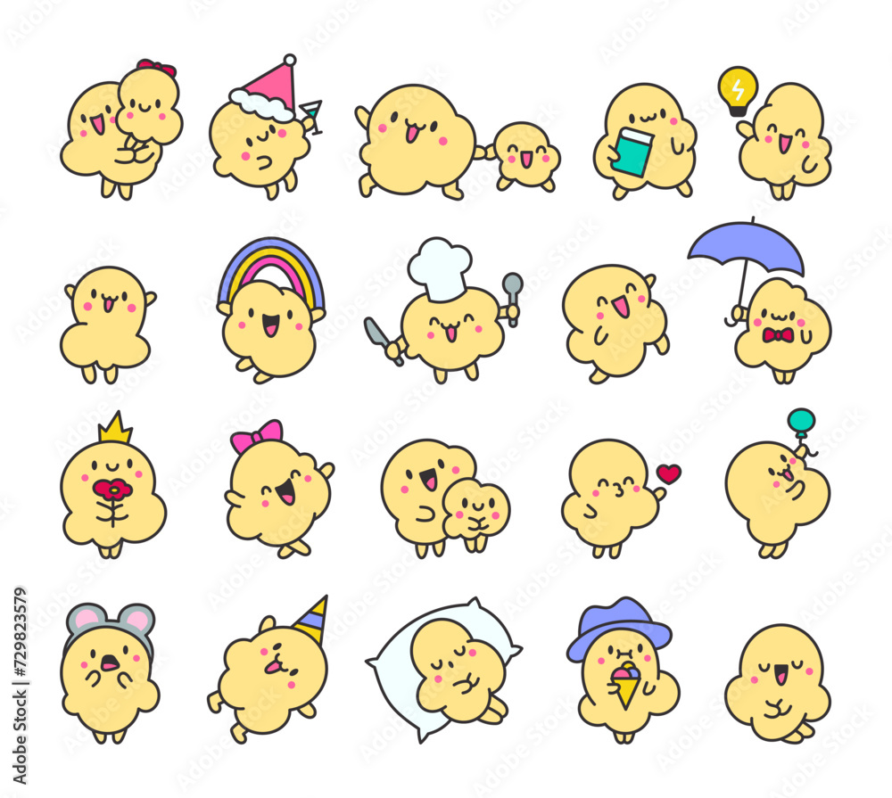 Cute popcorn character in different poses. Funny cartoon food. Hand drawn style. Vector drawing. Collection of design elements.