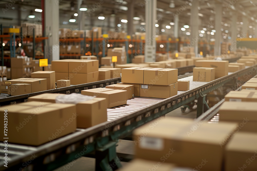 Express boxes placed on conveyor belts - warehousing logistics concept Express boxes placed on conveyor belts - warehousing logistics concept