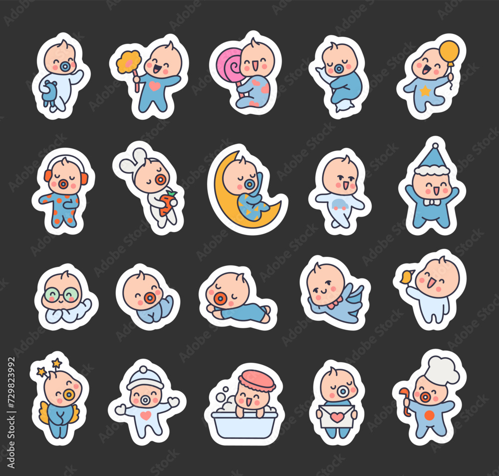 Cute baby boy. Sticker Bookmark. Cartoon little newborn character. Hand drawn style. Vector drawing. Collection of design elements. Cute baby boy. Sticker Bookmark. Cartoon little newborn character. Hand drawn style. Vector drawing. Collection of design elements.