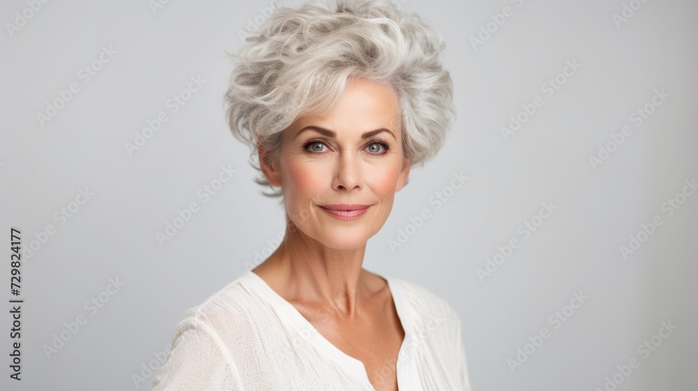 Close-up of a beautiful gorgeous smiling mature woman of the 50s on a white background of the osprey space. Beauty, Cosmetology, makeup, facial skin care, cosmetics concepts.