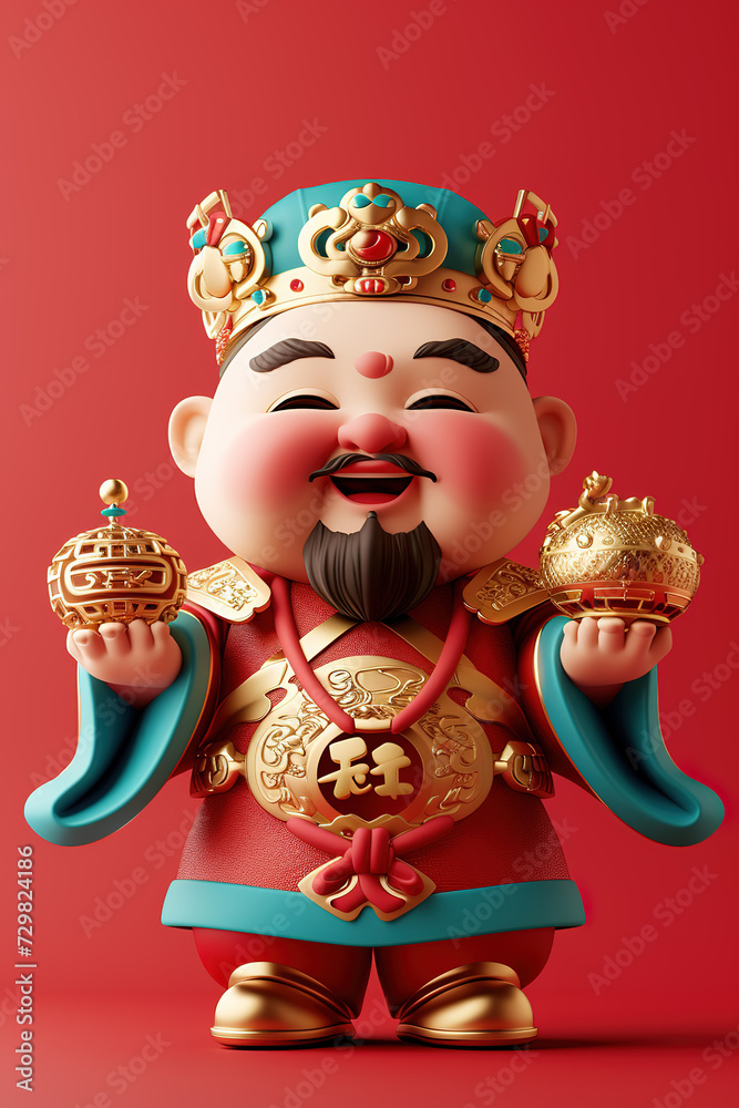The 3D cartoon image of the traditional Chinese God of Wealth against a red background
