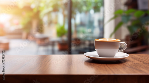 Blurred modern background  a cup of coffee on a wooden tabletop. GenerativeAI