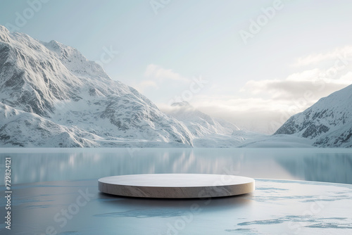 E-commerce display product platform under the background of white snow mountains and lakes