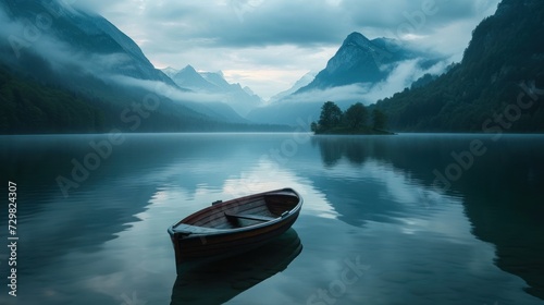  a boat floating on top of a lake next to a lush green forest covered mountain covered in clouds and mist covered mountains in the distance are covered with low lying clouds.