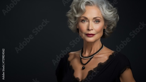 Close-up portrait of an elegant beautiful gray-haired woman of the 50s looking at the camera on a black background with a copy space. Beauty, Cosmetology, makeup, facial skin care, cosmetics concepts.