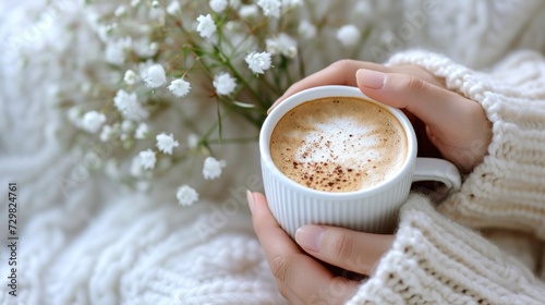  a close up of a person holding a cup of cappuccino with a bouquet of flowers in front of a white knitted sweater and a bouquet of baby's breath.