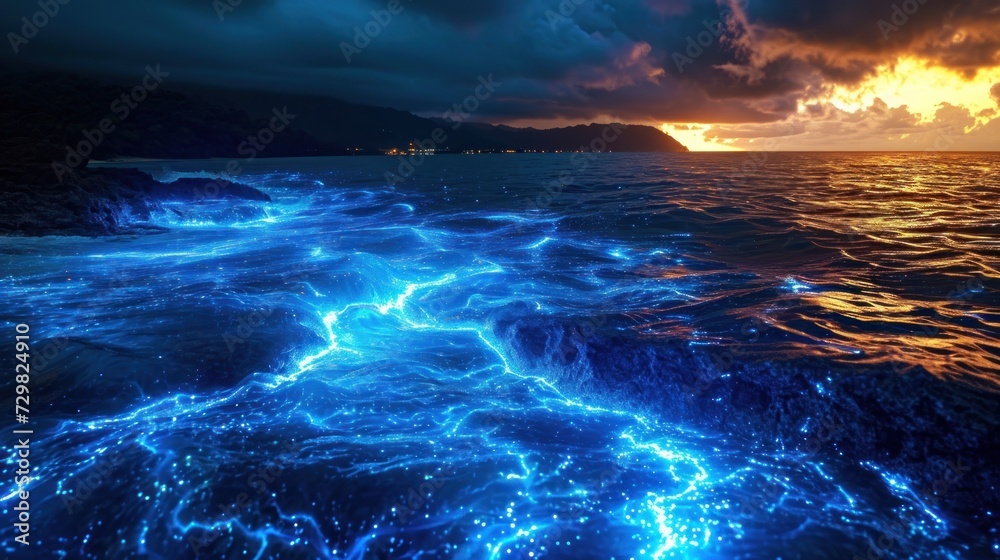  a large body of water with a lot of blue lights on the water and a dark sky in the background with a few clouds and a few buildings in the distance.