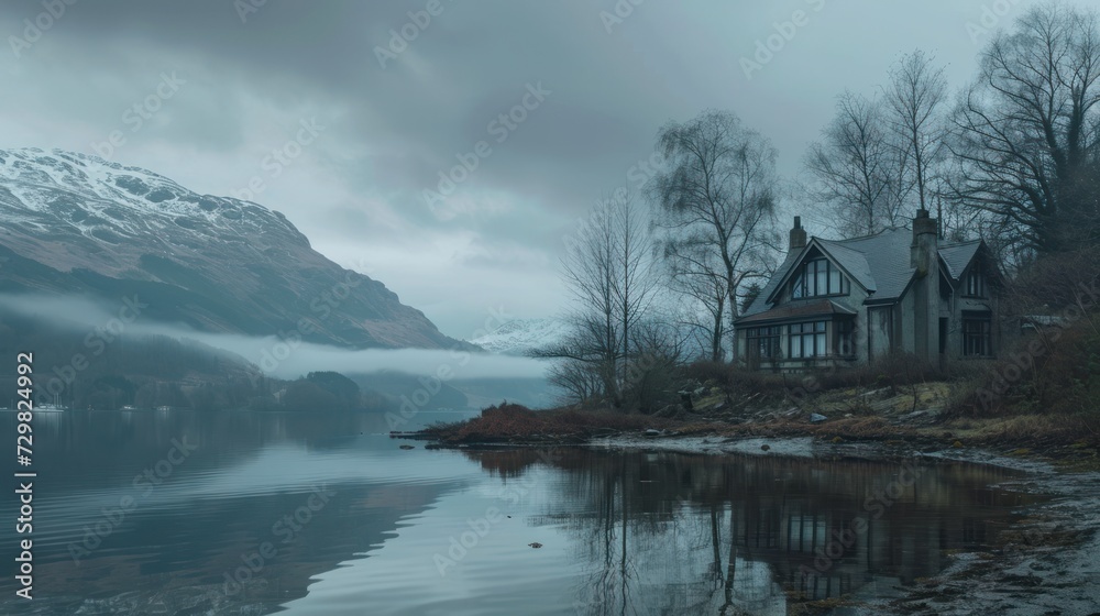 Fototapeta premium a house sitting on top of a hill next to a body of water with snow on the top of the mountains in the background and fog in the foreground.