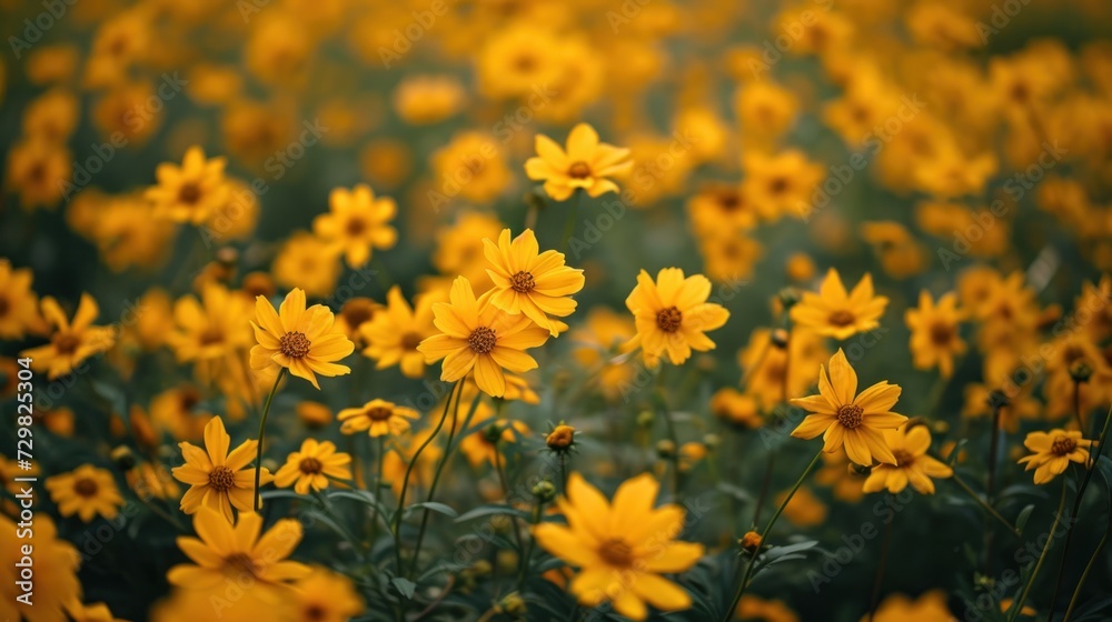 a bunch of yellow flowers that are blooming in a field with green grass in the foreground and a blurry background of yellow flowers in the foreground. a bunch of yellow flowers that are blooming in a field with green grass in the foreground and a blurry background of yellow flowers in the foreground.