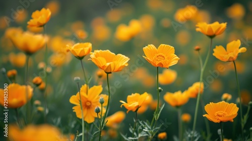  a field full of yellow flowers with green stems and yellow flowers in the middle of the field, in the foreground is a blurry background of green grass and yellow flowers.