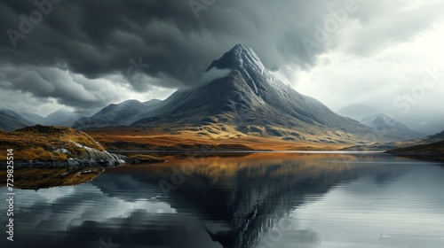  a mountain with a body of water in the foreground and a cloudy sky in the background  with a reflection of the mountain in the water in the foreground.