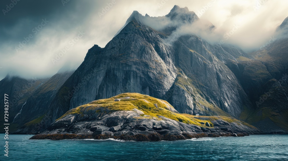 a small island in the middle of a body of water with a mountain in the background that is covered in green mossy grass and surrounded by low lying clouds. a small island in the middle of a body of water with a mountain in the background that is covered in green mossy grass and surrounded by low lying clouds.