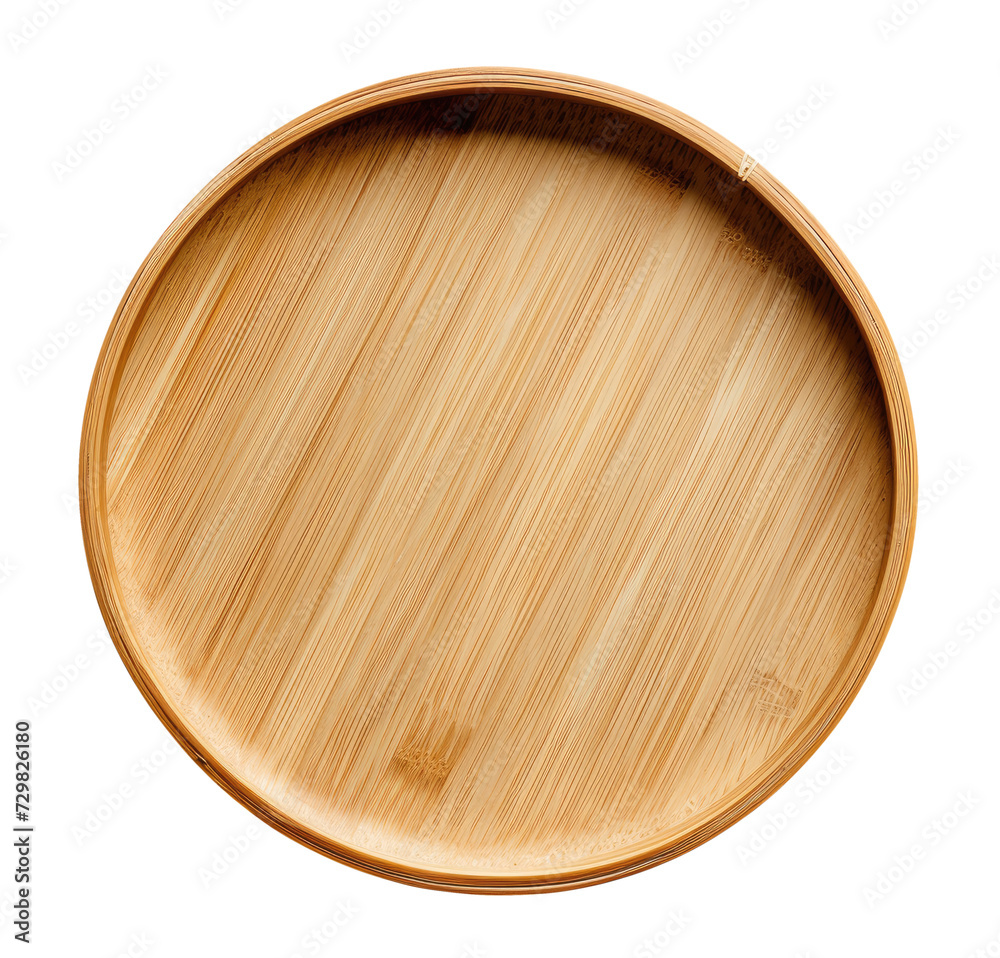 Empty round bamboo plate isolated on transparent background, top view - obrazy, fototapety, plakaty 